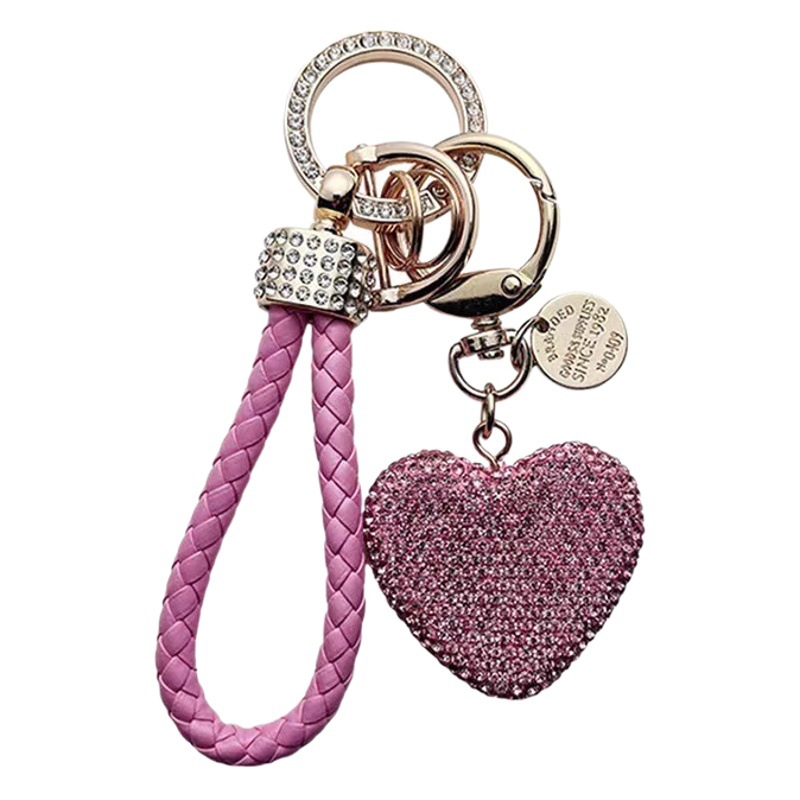Pottery Mud Diamond Full Diamond Love Keychain Diamond Leather Rope Cross-border Peach Heart Car Key Chain Bag Pendant for Women