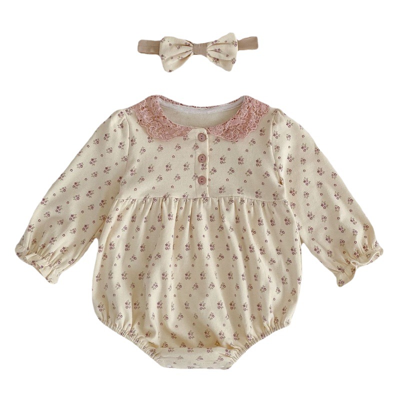 2025 Spring and Autumn Clothes Baby Girl Baby Baby Young Children Floral Printed Hatshirt Long-sleeved jumpsuit Triangle Climbing Wear Hair Belt