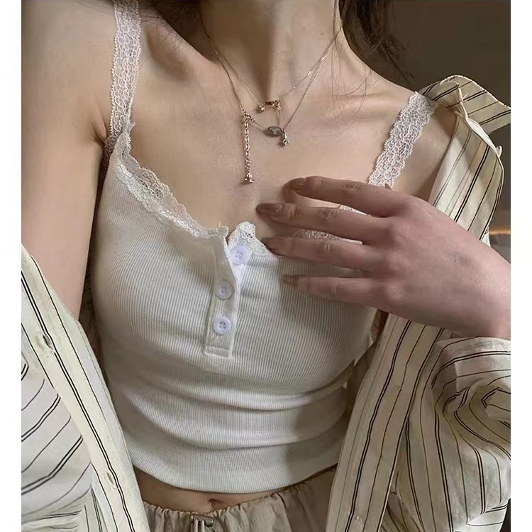 Picture of New Lace Inner Small Sling Spice Girl Slim-fit Sexy Vest Women's Design Sense Slim-fit Base Button Top Short