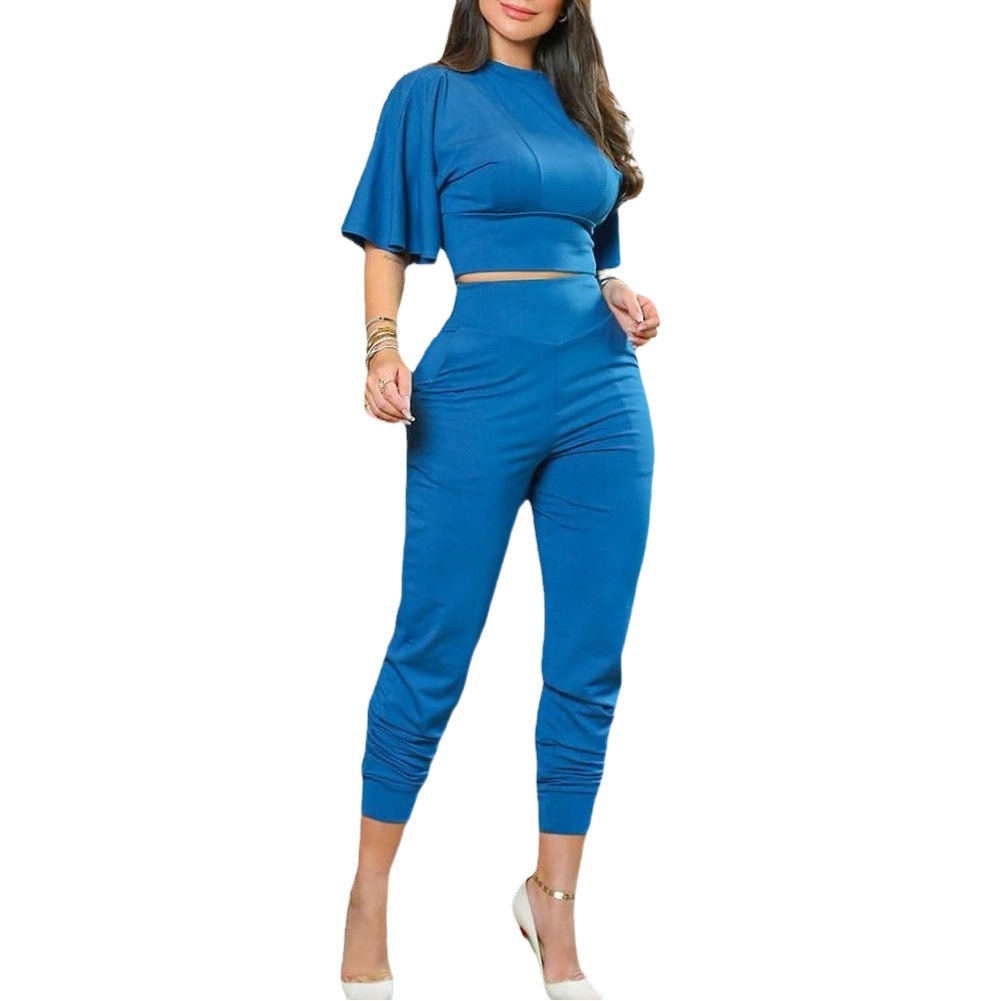 2023 European and American Cross-border New Women's Clothing Amazon Independent Station Bell Sleeve Cropped Top & High Waist Pants Set
