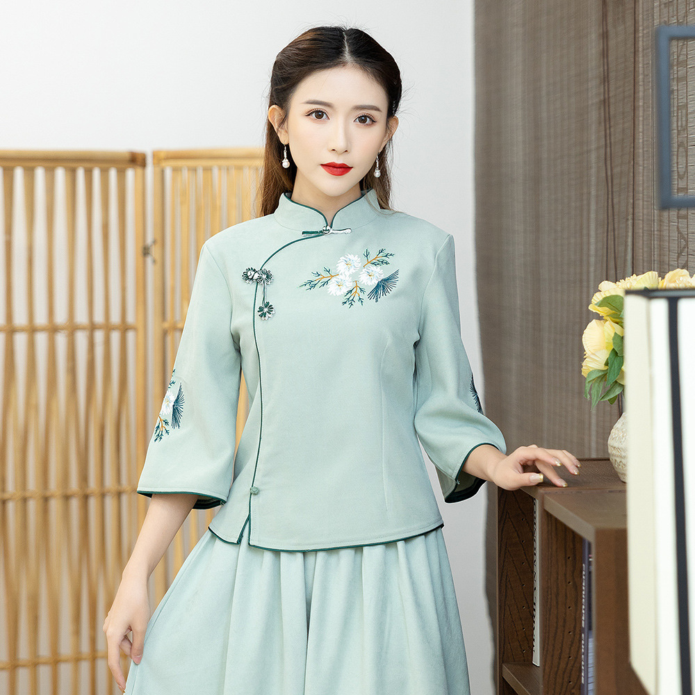 Strict Selection of Retro National Style Daily Improved Tang Suit Cheongsam Cotton and Linen Embroidered Top Chinese Style Seven-point Sleeve Tea Dress Skirt