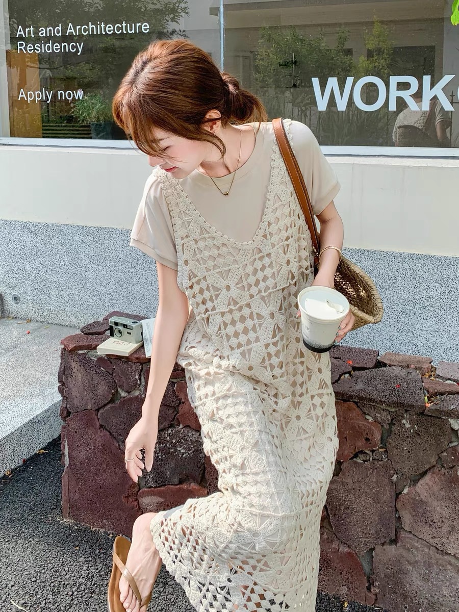 Bohemian Retro Crochet Cut Out Jacquard Knitted Dress Summer New Loose Layered Blouse Ins Style 1