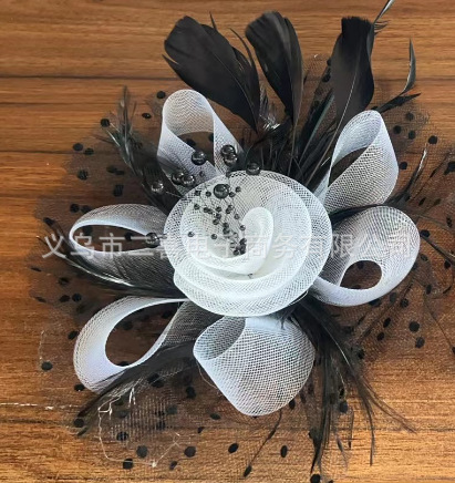 Picture of European and American Popular Amazon Feather Headdress Bridal Hair Accessories Mesh Top Hat Jockey Club Hair Accessories Hairpin Headband