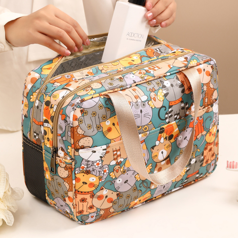 Dry and Wet Separate Cosmetic Bag Portable Large Capacity Toiletry Bag Cartoon Cute Waterproof Polyester Storage Aluminum Foil Insulation Bag