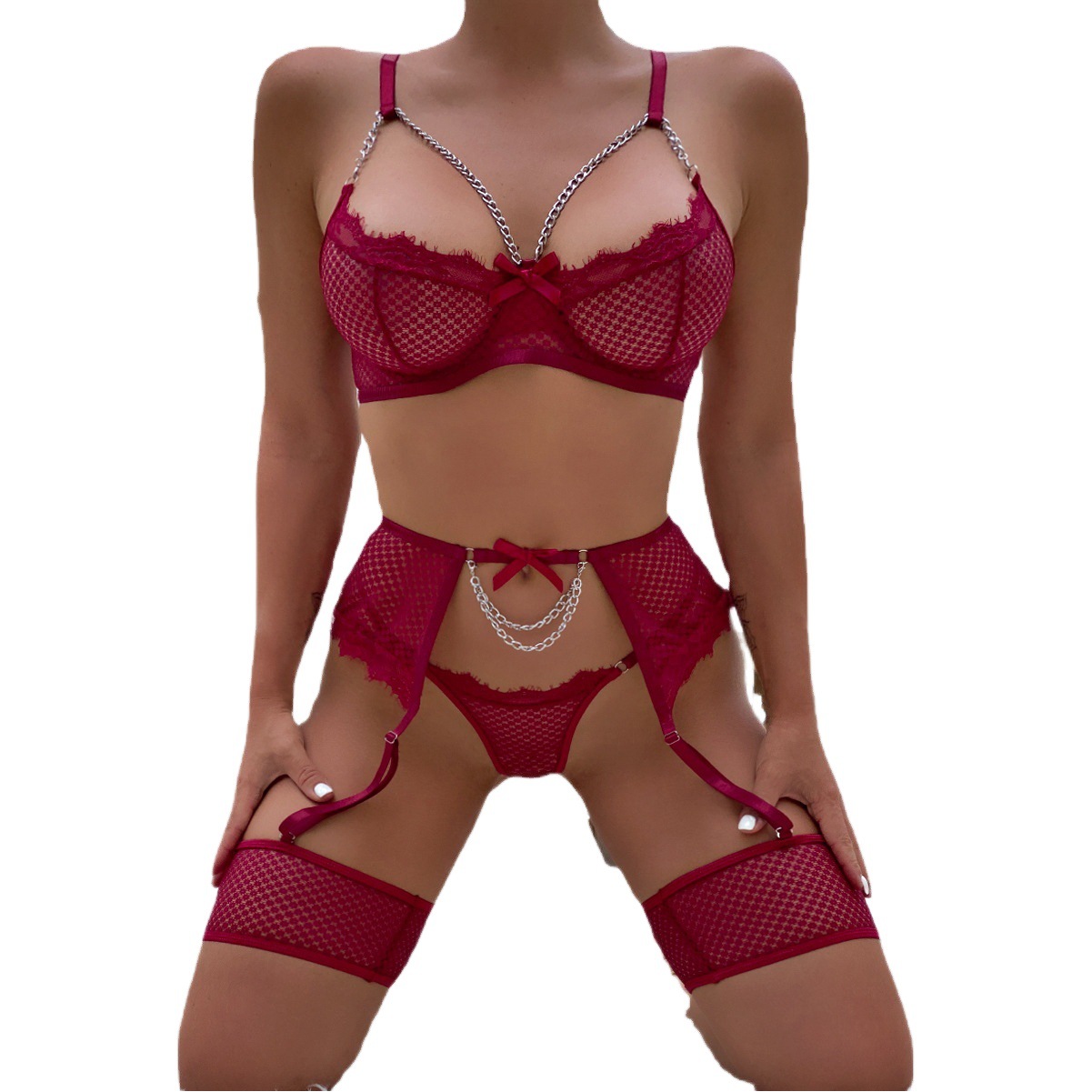 INS2022 AliExpress new sexy underwear grid stitching eyelash lace chain butterfly four-piece in stock