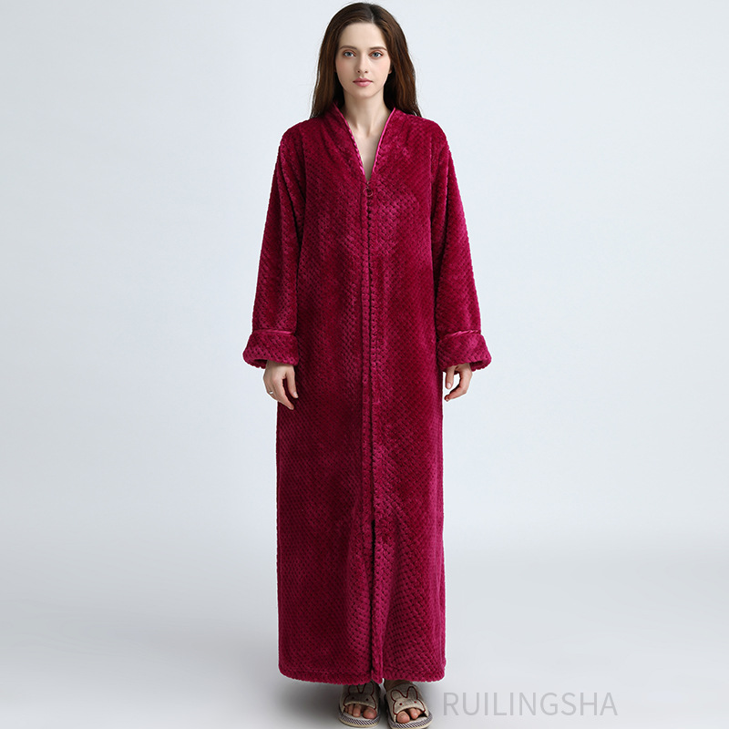 Picture of Couple Autumn and Winter Thickeneded Warm Flannel Nightgown Women's Long Men's Large Size Coral Velvet Bathrobe Zipper Pajama Dress