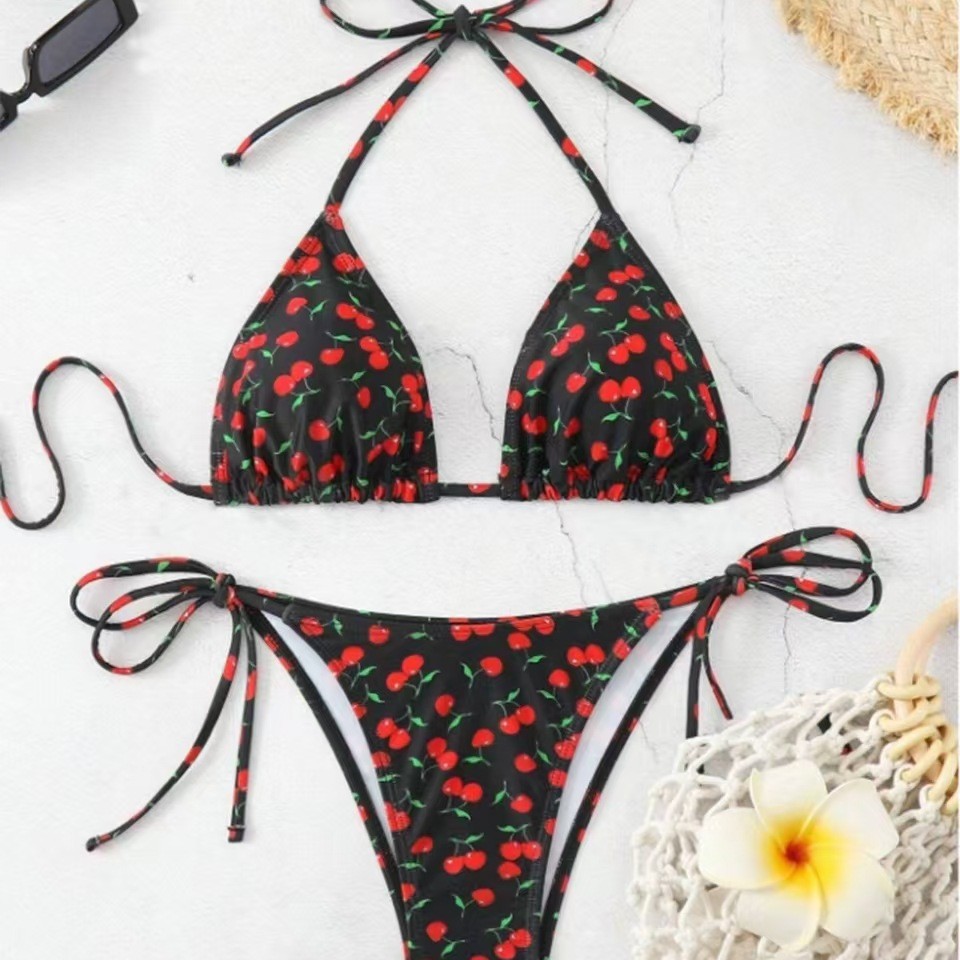 Cross-Border 2025 European and American Export New Digital Cherry Print Lace-Up Halter Amazon Bikini Split Swimsuit