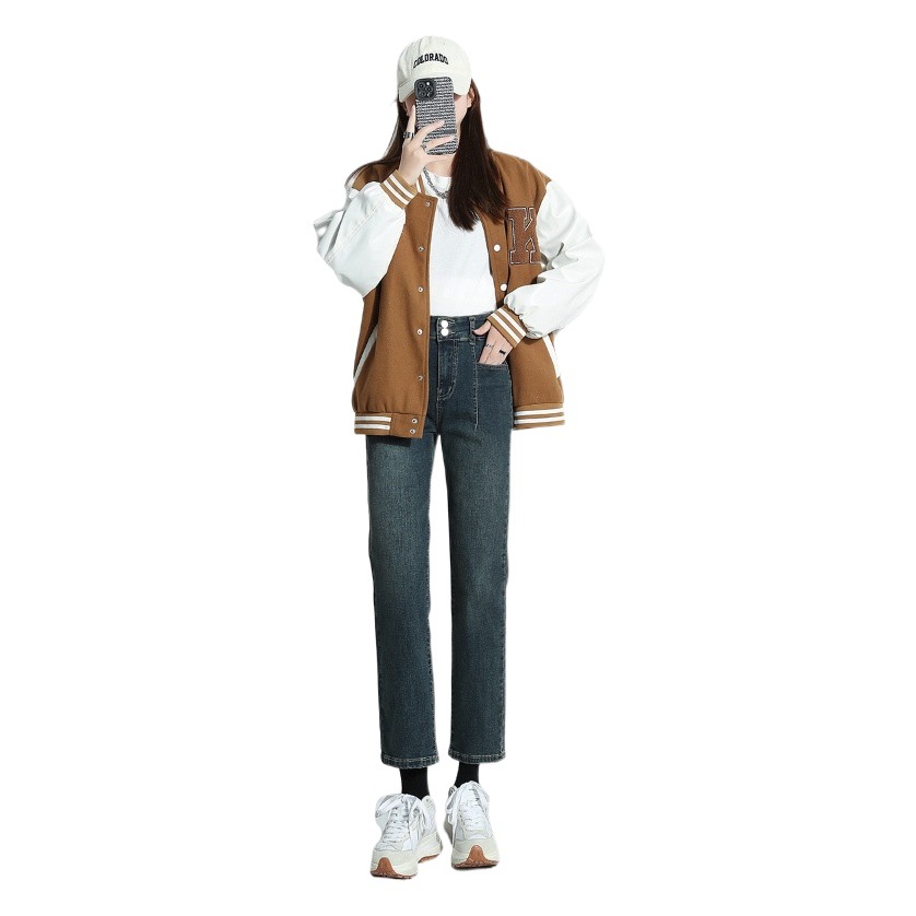 Jeans for women autumn and winter fleece-lined high waist slimming stretch retro straight small pipe pants 2023 New