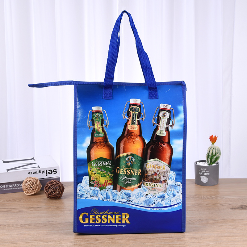 Laminated Non-Woven Beer Cooler Bag with Zipper, Take-Out Portable Insulated Bag, Aluminum Foil Thermal Bag, Environmentally Friendly and Biodegradable