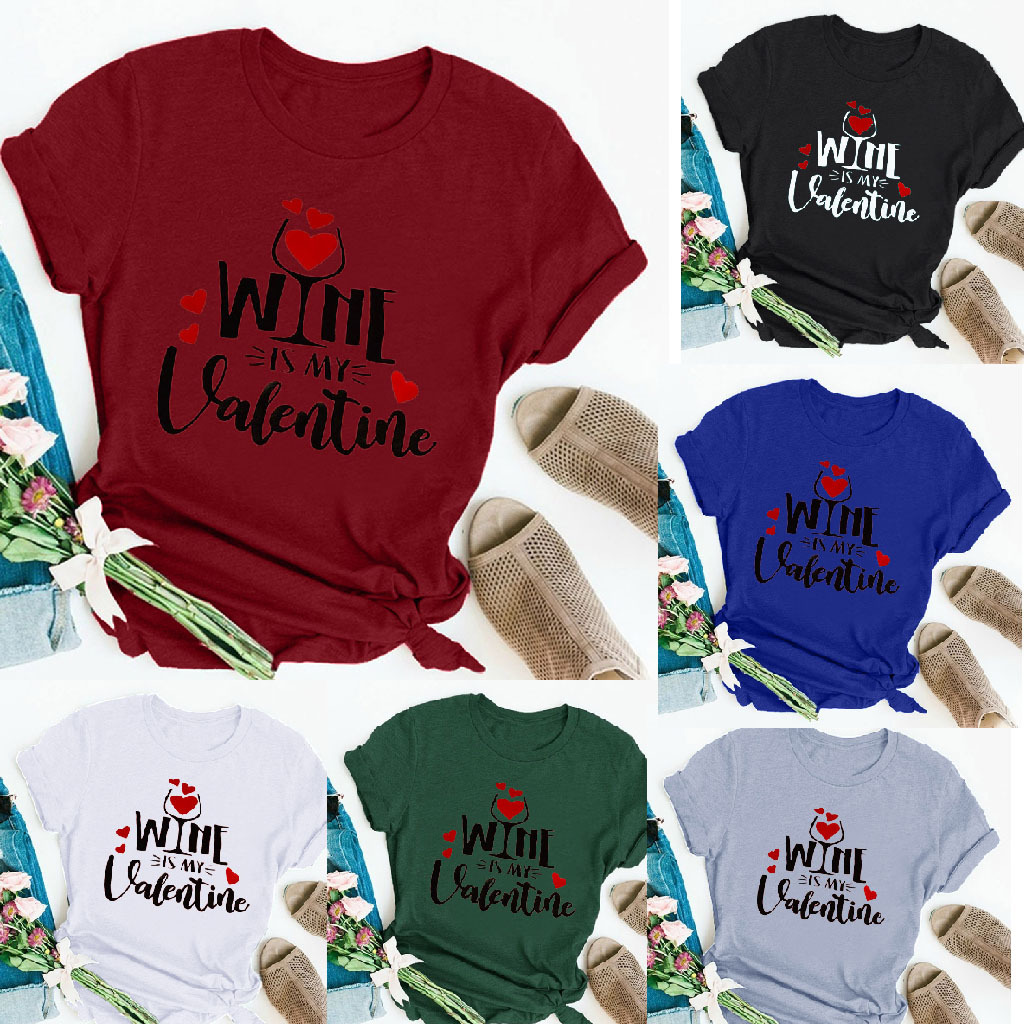 2020 Spring Amazon Cross-Border Women's T-Shirt WIHE Love Wine Glass Printed Pattern Women's T-Shirt K44