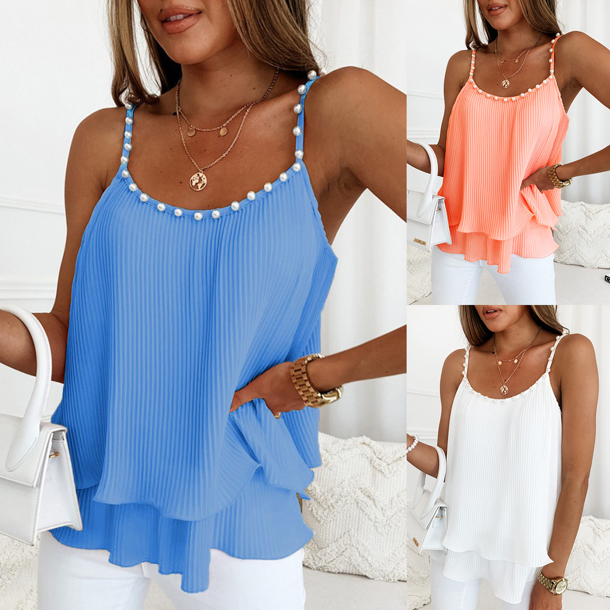 2025 Summer Wish Amazon European and American Export New Women's Sexy Chiffon Pleated Small Camisole Top