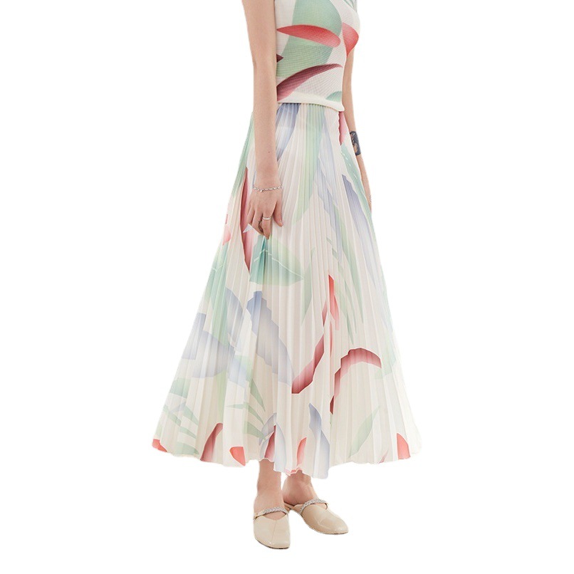 Miyake Printed High-Waisted Pleated Skirt Summer Elastic High-Waisted Skirt A-Line Large Skirt High-End Mid-Length Skirt for Women