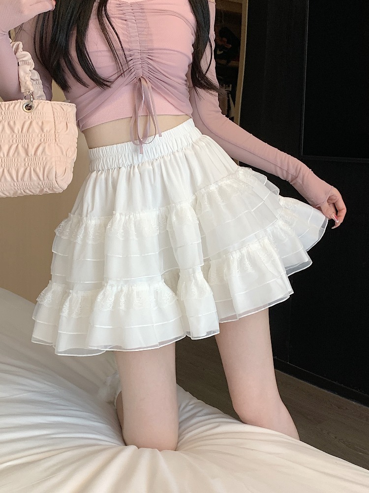 Lace Cake A- line Short Skirt Summer 2024 New Ballet Style High Waist White Mesh Puff Skirt Women