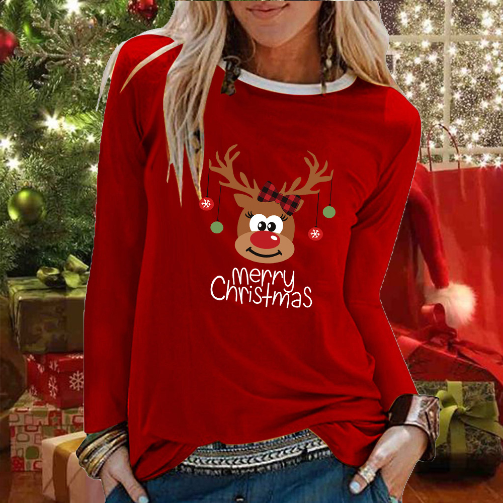 Autumn cross-border ladies new Christmas Merry Christmas elk print loose-fit pullover long sleeve T-shirt