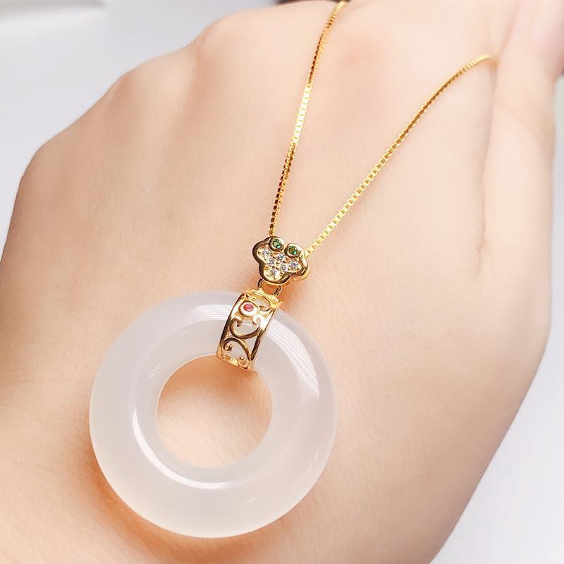 Picture of S925 Sterling Silver Pendant Buckle Ring Princess Buckle Golden Emerald Crystal Jade Peace Ring Clip
