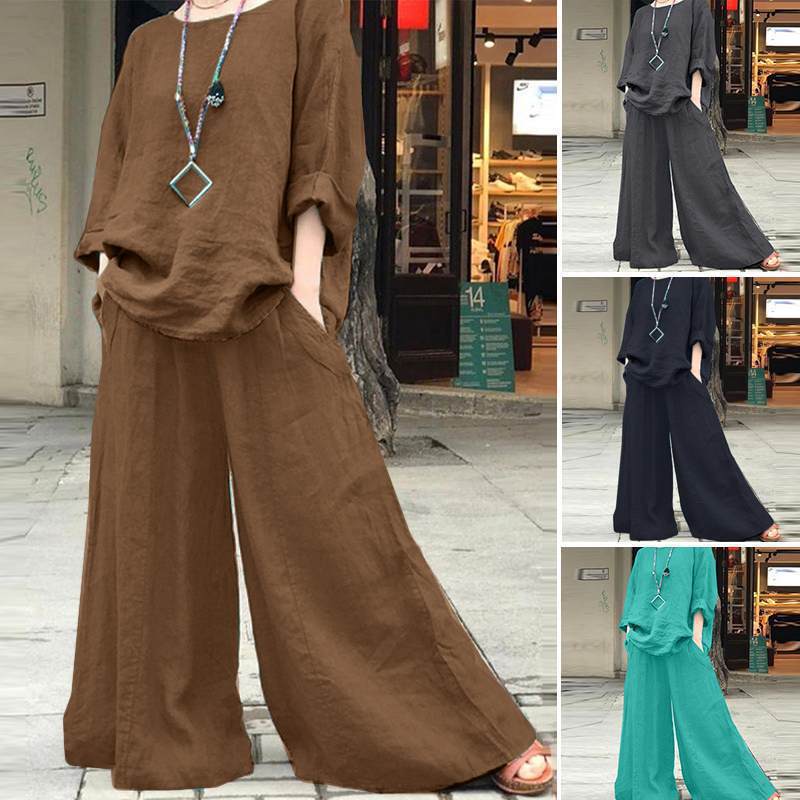 2024 Amazon Cross-border Women's Fashion Casual Loose Solid Color Cotton and Linen Shirt Long Sleeve Pants suit Two-piece Set