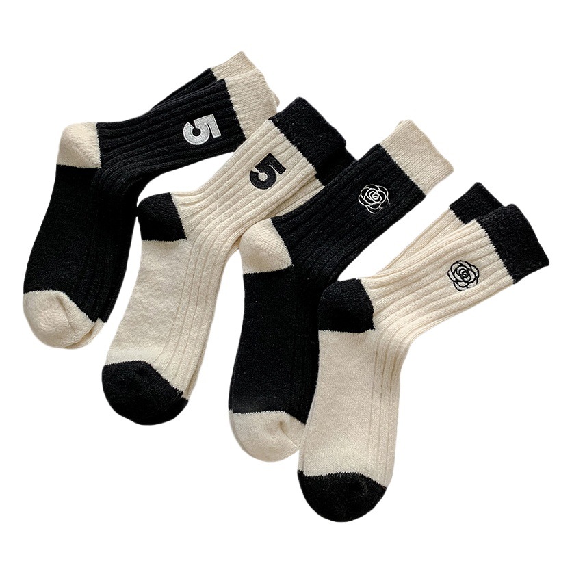 Wool socks children autumn and winter thick tube socks Camellia embroidery warm cashmere socks black stockings wholesale