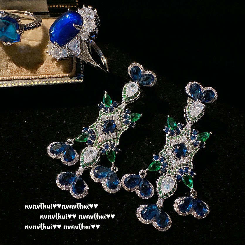 Reykjamak Deep Sea Blue Love Flower Branch Earrings Antique Sense Plated 18K Gold Blue Egg Shaped Zircon Ring