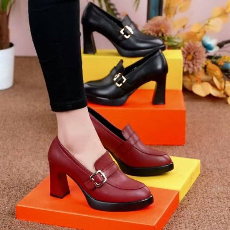 Spring 2024 New Simple Round Head Deep Mouth Waterproof Platform Single-layer Shoes Comfortable All-match Real Soft Leather Thick Heel Single-layer Shoes for Women