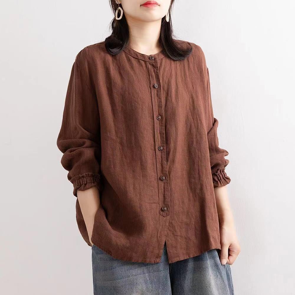 Picture of Artistic Retro 2024 Spring and Autumn Cotton and Linen Shirt Women's Loose Round Neck Shirt Jacket Casual Jacket Neck Sleeves