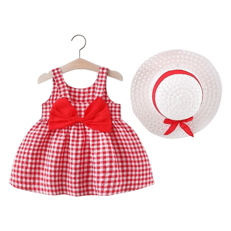Ins New Children's Wear Summer Girls' dress Sleeveless Sweet Plaid A- Line Skirt Bow Strap Children's Skirt with Hood