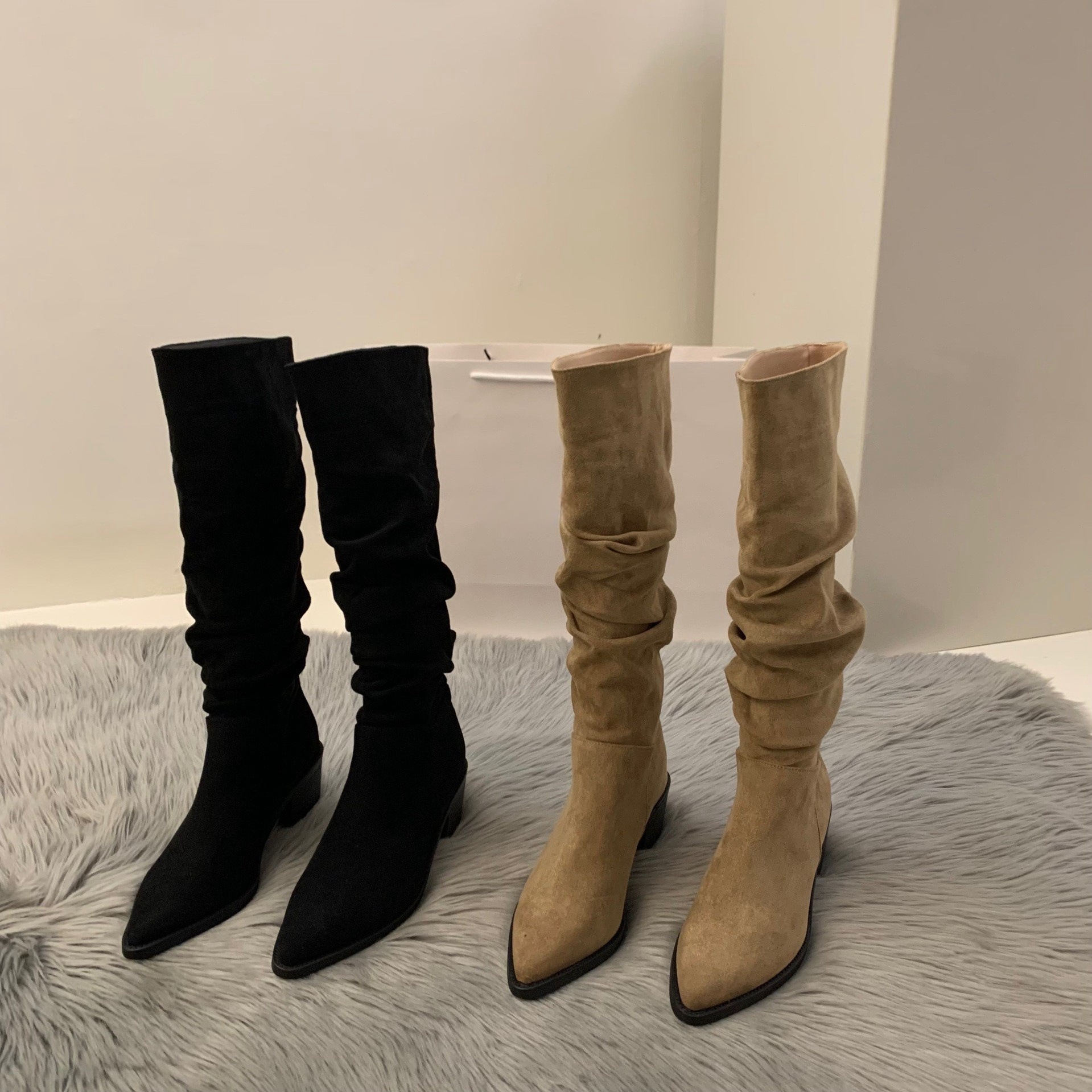 High-heeled Suede Western Mid-length Boots Women's Shoes 2024 New Autumn and Winter fleece-lined Pointed Heap Long Barrel Knight Boots