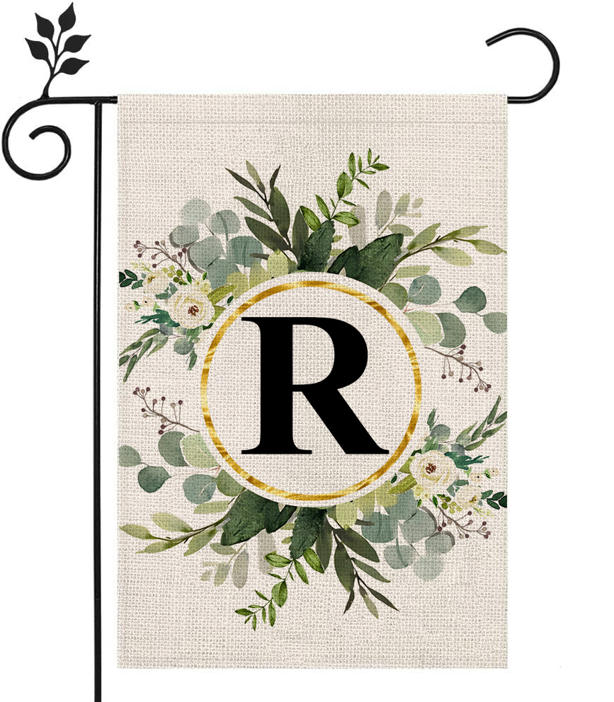 Picture of Simple ins style 26 letters + green plant printed linen garden flag surname initials courtyard door flag