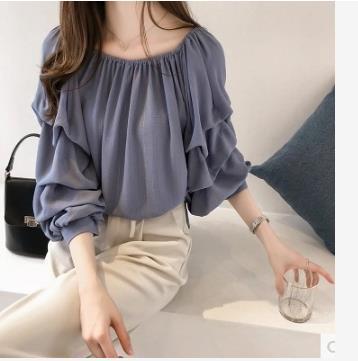 New Korean Style Elegant Off-shoulder Chiffon Shirt Women's Loose Bubble Top Slimming Solid Color Base