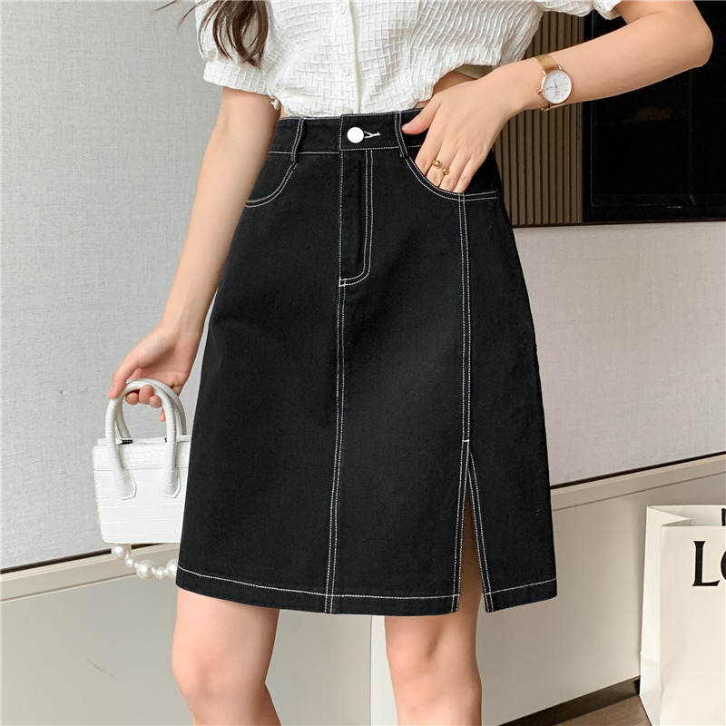 Real Shot Fashion Wash Split Skirt Summer 2023 Contrast Line Black Word Commuter Denim White Skirt