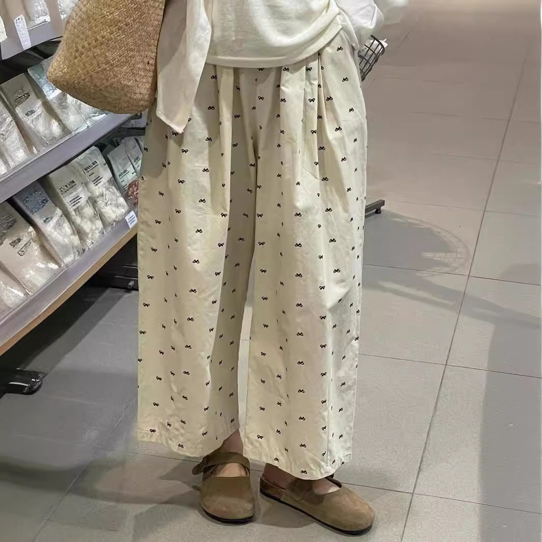 Bow Japanese Style Casual Pants for Women Summer Thin Large Size Fat mm High Waist Slim Wide Leg Pants Petite Nine-Point Pants