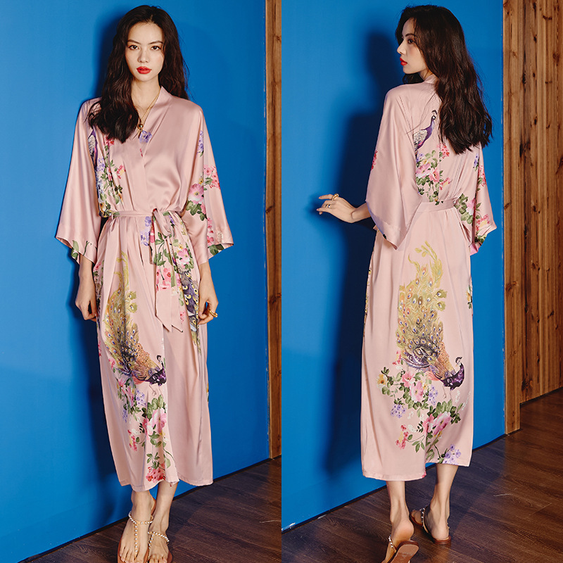 Picture of Yaoting Satin Printed Pajamas for Women Summer Large Size Accessible Luxury Three-Quarter Sleeves Cool Long Nightgown Home Wear Women Wp2669
