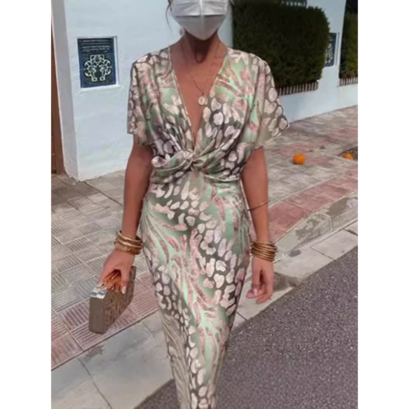 2024 Summer New European and American Fashion Women's Tight-Fitting Printed Sexy V-Neck Mid-Waist Twisted Long Dress