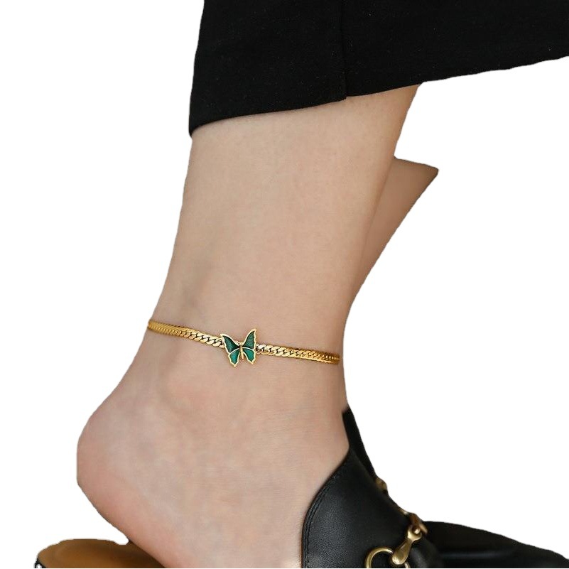 High-end 2022 New Green Butterfly Anklet Women's 18K Gold Plating Non-fading Niche Light Luxury Personalized Design