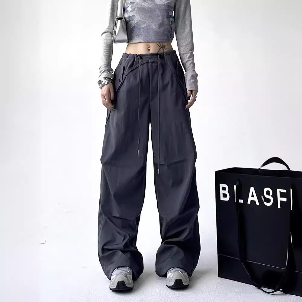 Picture of American-Style Cargo Pants for Men and Women, Summer New Drawstring Pleated Loose Casual Straight-Leg Parachute Pants