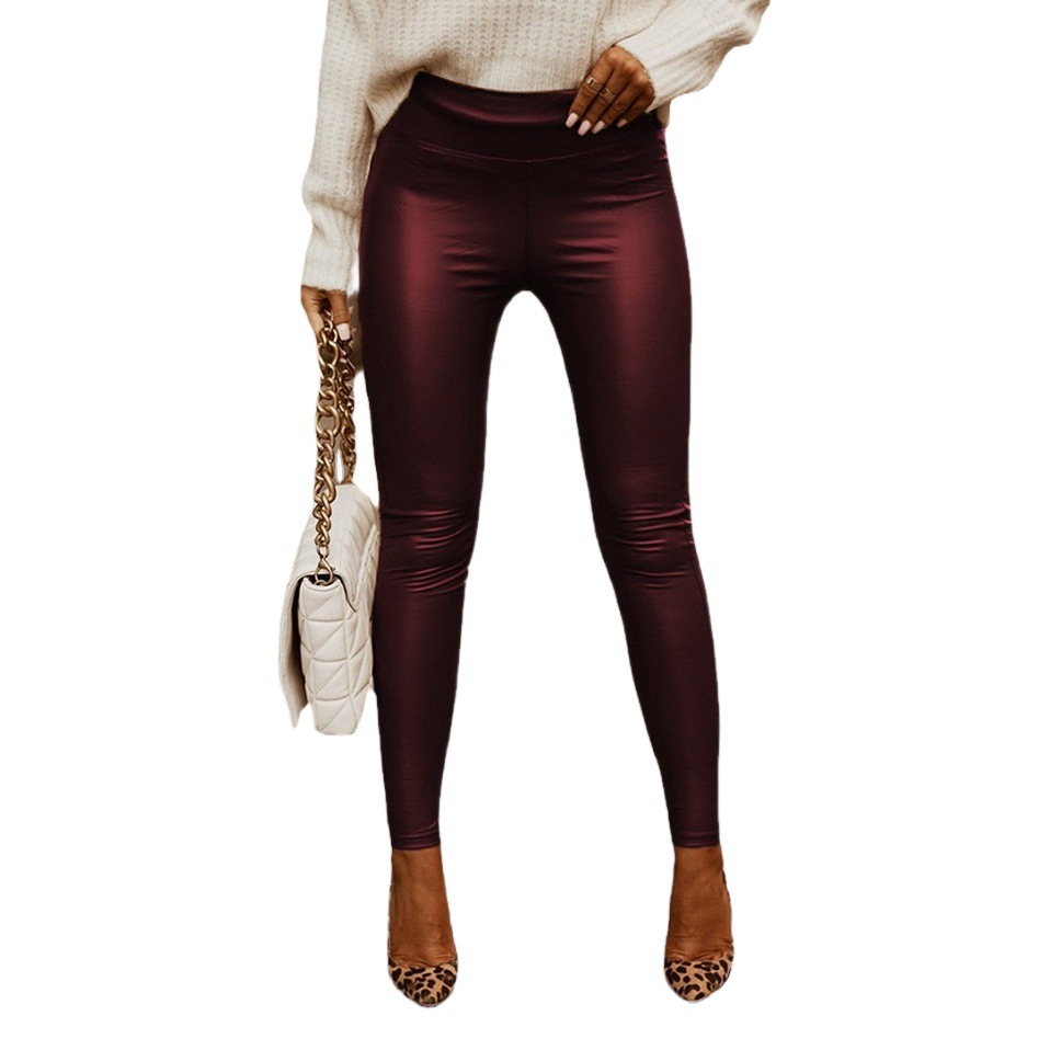 INS European and American style 2025 autumn and winter women's new high waist hip fashion street shoot tight imitation leather trousers women