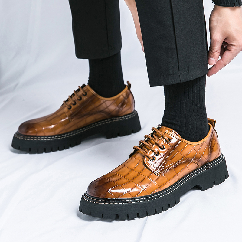 Men's Fashion Large Size Large Leather Shoes Youth Retro Style Business Casual Shoes Cross-Border Lace-Up Thick-Soled Height-Increasing Shoes