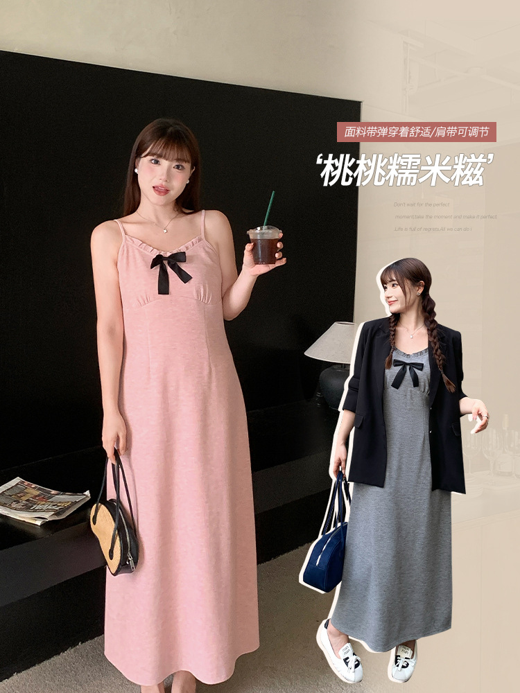 65050丨French Sweet Contrasting Color Bow A-Line Long Skirt Autumn Plus Size Fat mm Fungus-Edged Elegant Suspender Skirt