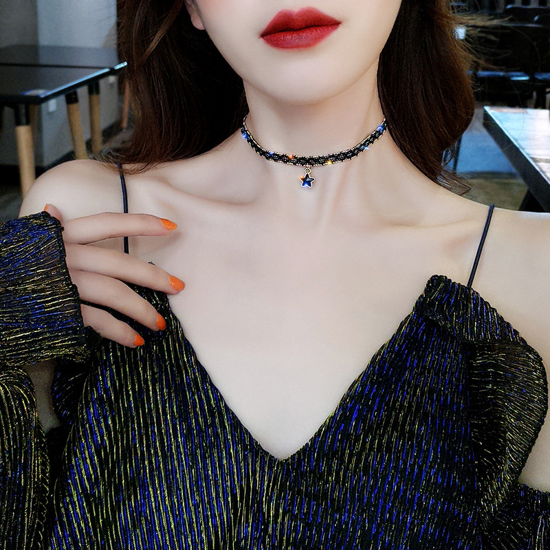 Picture of South Korea Black Sexy Collarbone Chain Simple Short Star Pendant Necklace Choker Collar Neck Band Neck Chain for Women