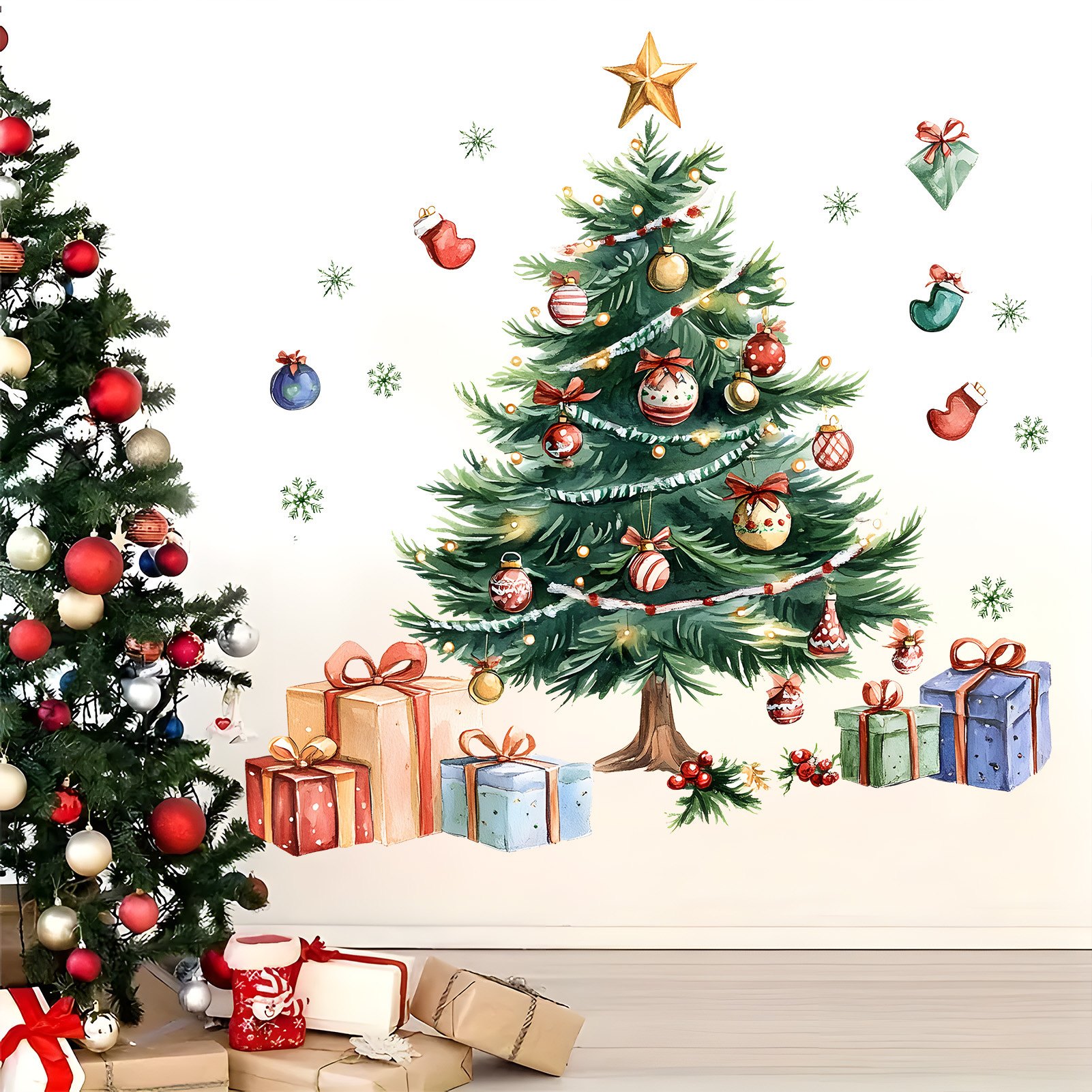 New MS-XA119 Christmas Stars Christmas Tree Winter Snowflakes Living Room Study Background Wall Decorative Wall Stickers