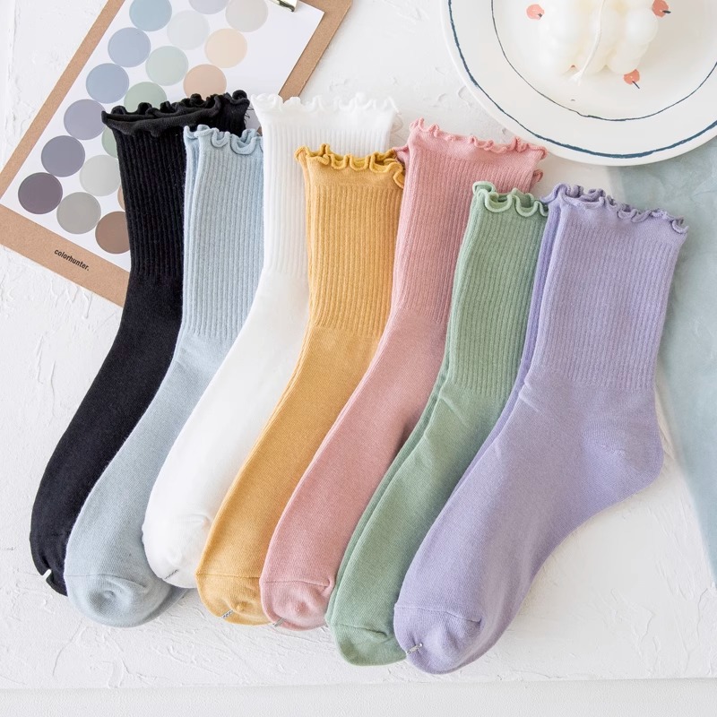 Picture of White lace socks women's mid-calf spring and autumn wooden ear socks ins trendy all-match college style Japanese jk pile socks