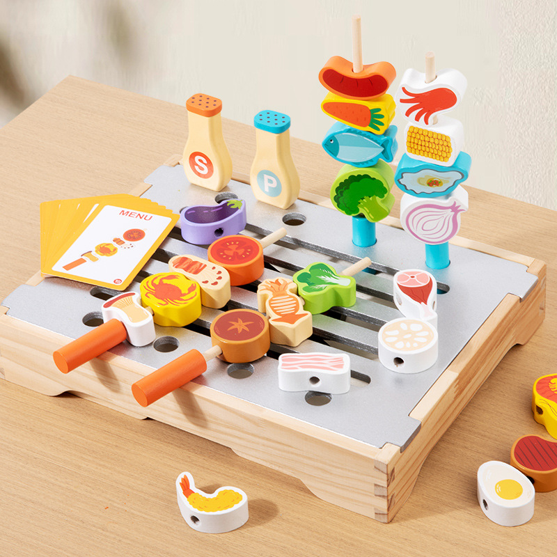 Cross-Border Young Children's Fun Wooden Multi-Functional Simulation Kitchen Barbecue Parent-Child Interactive Play House Educational Toys