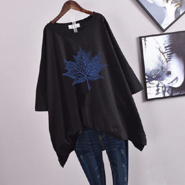 Picture of 100kg Plus Size Women's Summer Leaf Print Casual Slit Mid-Length Short Sleeve T-Shirt Loose Oversized Style