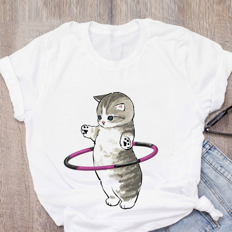2023 shrimp skin pattern crew neck cat printed white T-shirt short sleeve women's foreign trade cross-border wish/ebay Amazon