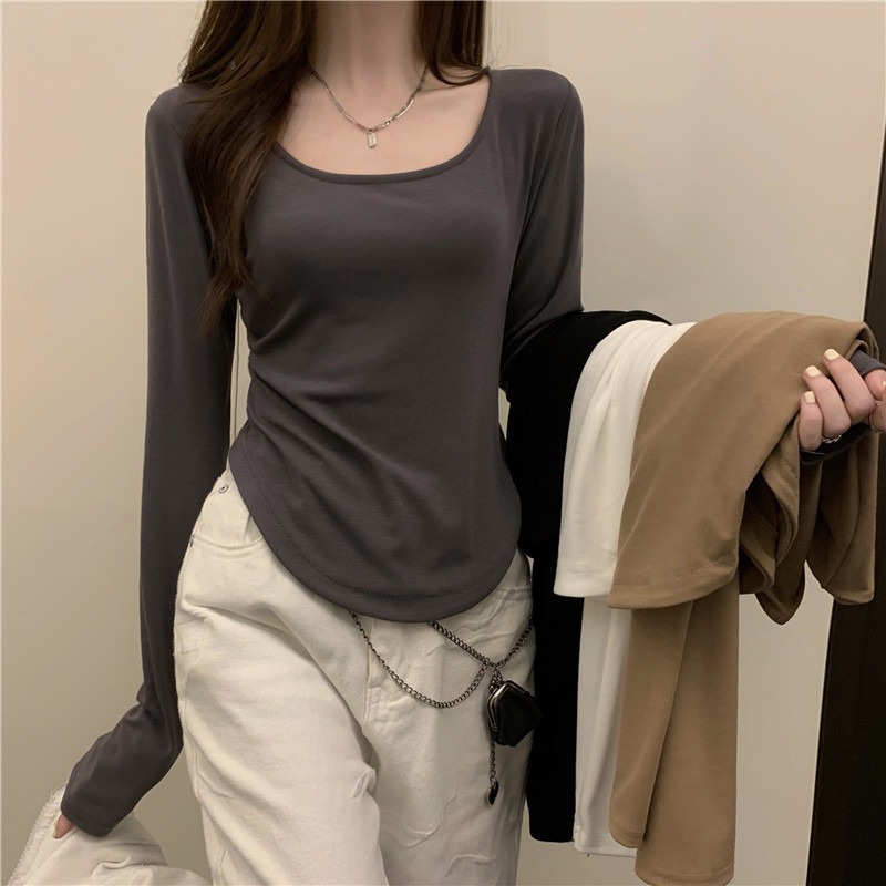 Long-Sleeved T-Shirt Women's Autumn and Winter New Trbottomy Ins Asymmetrical Slim Student Casual Short Top Girl's Bottoming Shirt