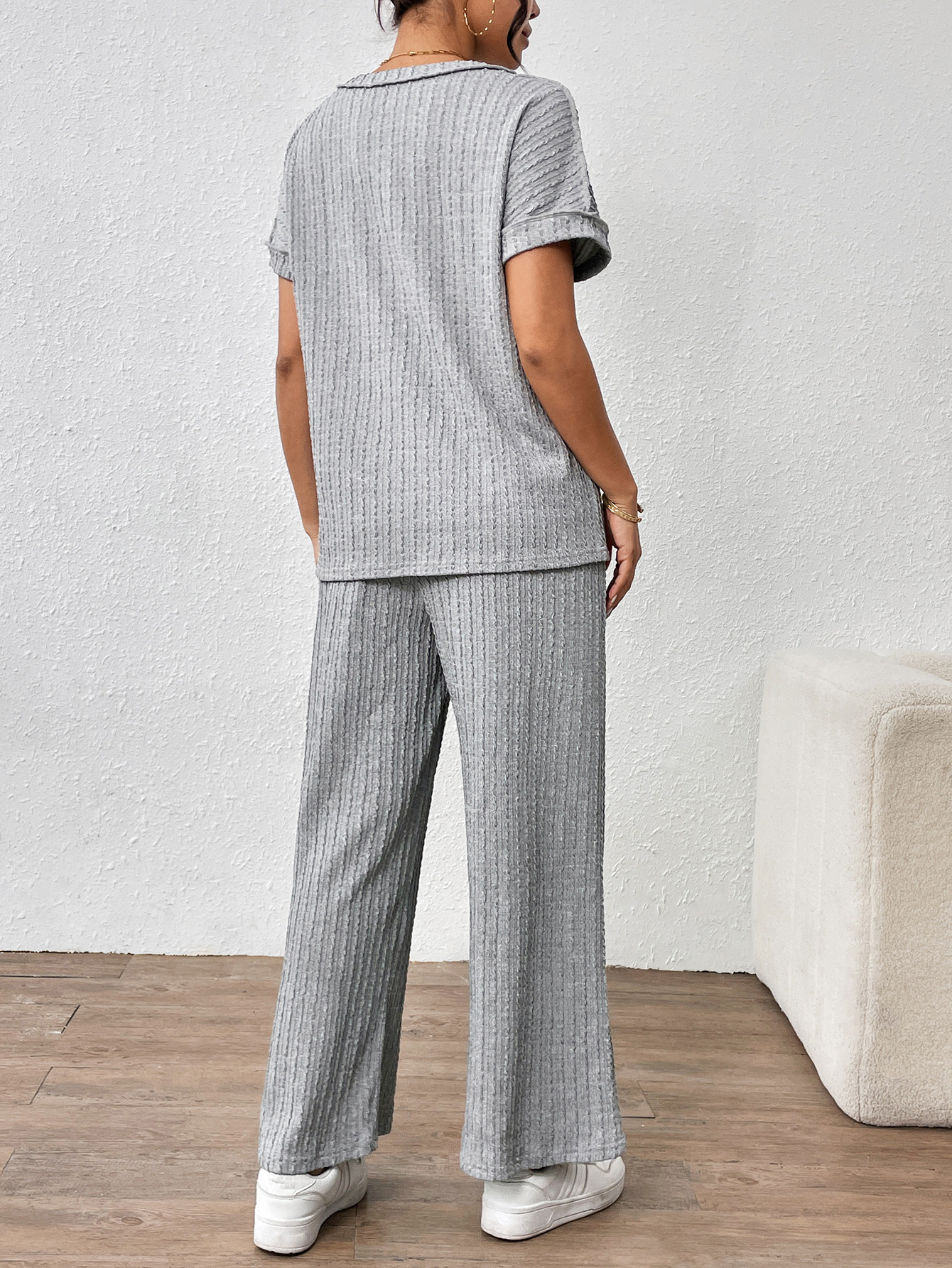 Picture of Spring and Summer Cross-Border European and American Jacquard Twisted Striped Top Wide-Leg Trousers Suit Fashionable Casual Simple Two-Piece Set