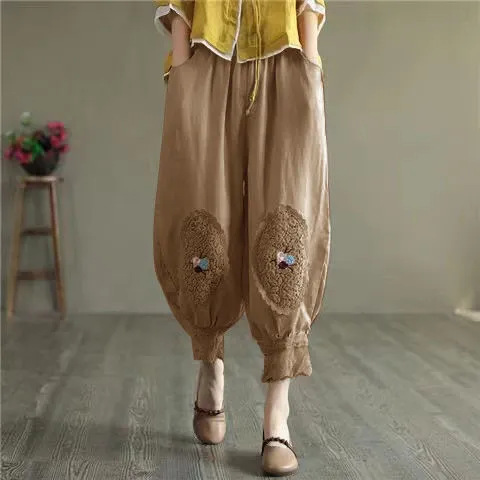 Cotton and Linen Lantern Pants Embroidered Lace Lace Casual Pants Loose plus size Loose Waist Harlan Women's Pants Ankle-length Pants