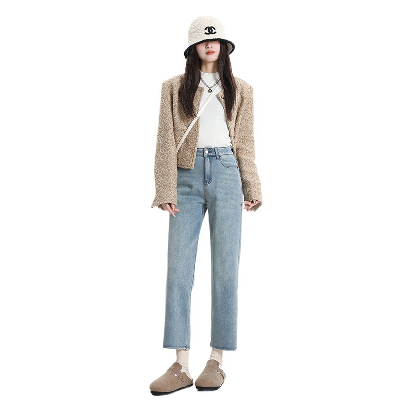 Retro dark blue straight jeans for women 2024 autumn and winter New narrow wide-leg pants small fleece-lined pipe pants