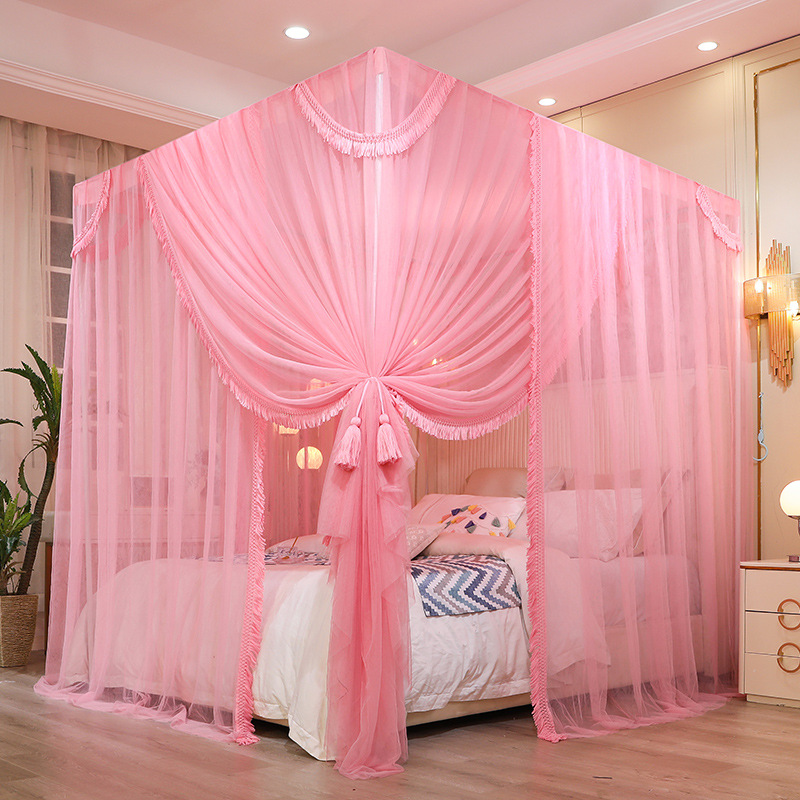 Picture of Princess Wind Shading Tassel Bed Mantle Floor-Standing Mosquito Net Thickened Cloth Curtain Court Wind Bedroom Dust-proof Net Paint Bracket