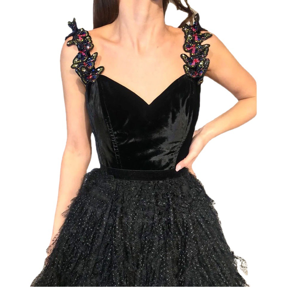 Picture of European and American large size small dignified and graceful black multi-layer pleated suspender long skirt annual performance host dress