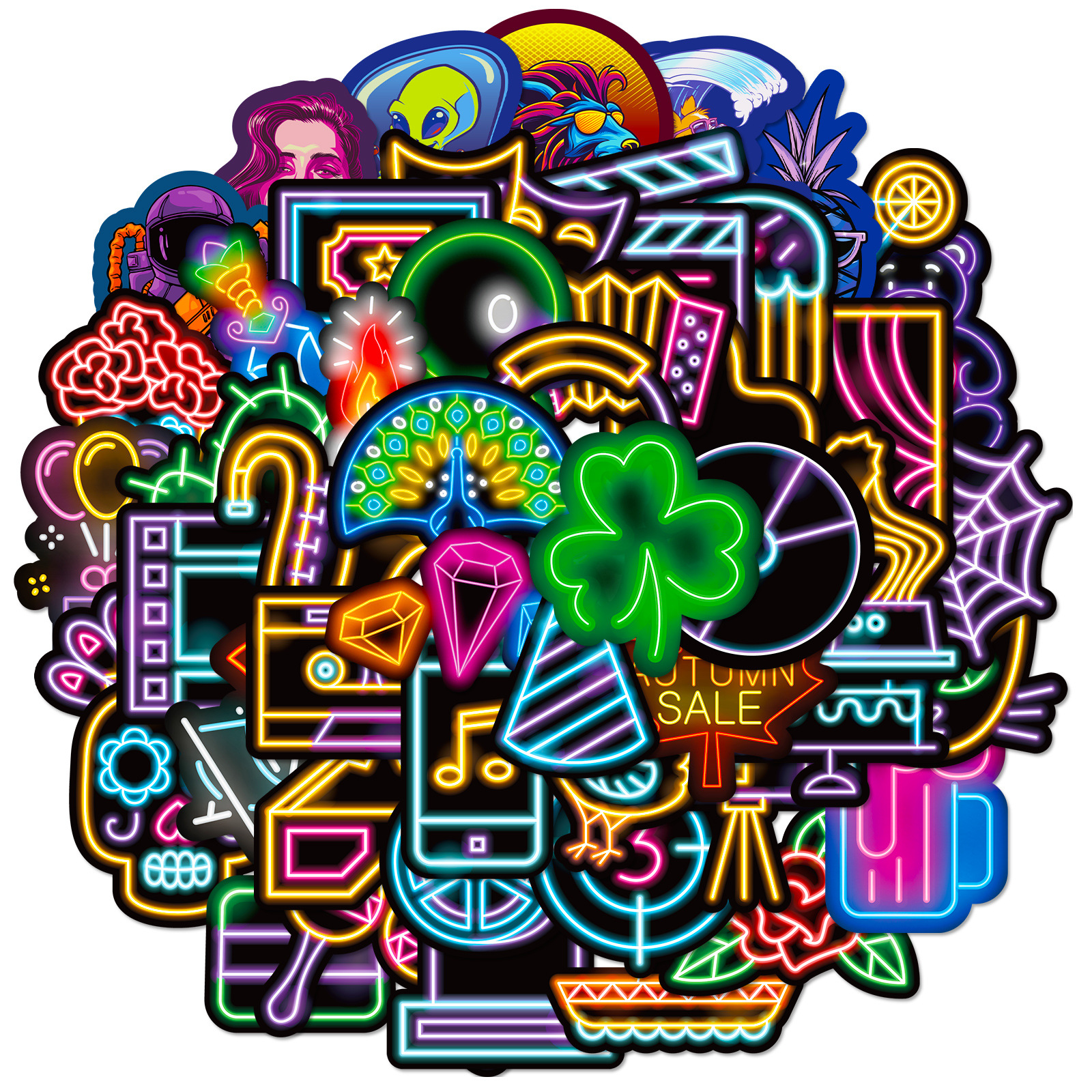Picture of 50 pieces cross-border night neon stickers personalized cartoon notebook skateboard fluorescent Christmas neon stickers